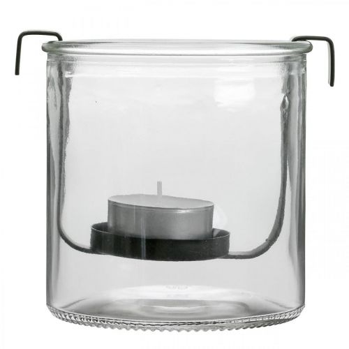Windlicht Glas mit Teelichthalter Schwarz Metall Ø9×H10cm