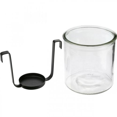 Windlicht Glas mit Teelichthalter Schwarz Metall Ø9×H10cm