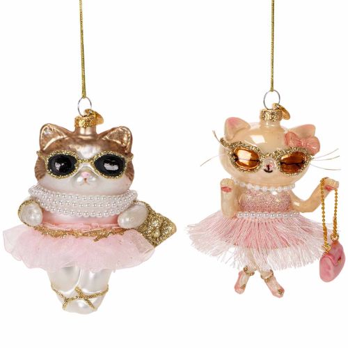 Katzen Glasanhänger aus Glas mit Tutu, 11 cm, Christbaumschmuck, 2 Stück