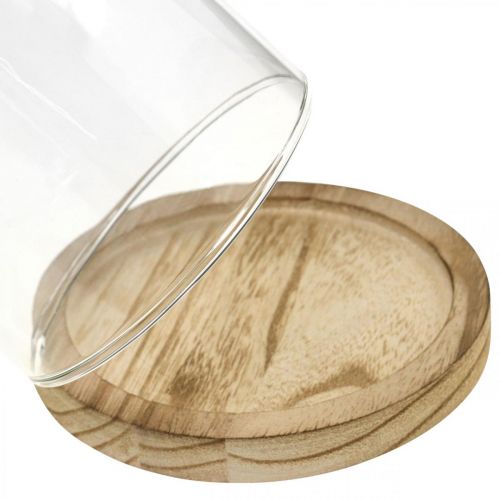 Artikel Dekoglocke, Glaskuppel mit Holzteller, Tischschmuck H16cm Ø12,5cm