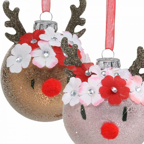Christbaumkugel, Rentier mit Blütenkranz, Adventsdeko, Baumschmuck Braun, Rosa Echtglas Ø8cm 2St