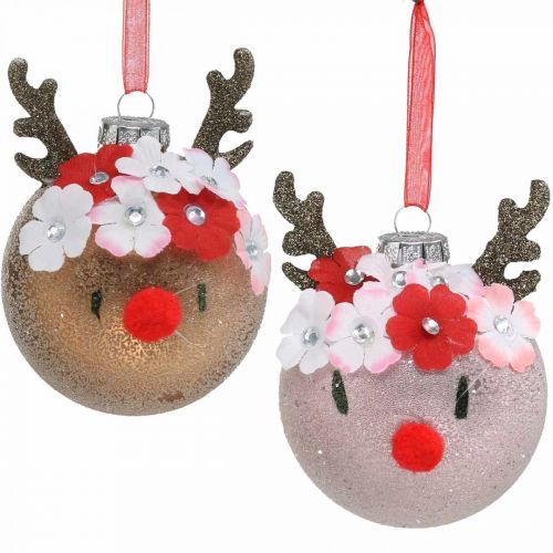 Christbaumkugel, Rentier mit Blütenkranz, Adventsdeko, Baumschmuck Braun, Rosa Echtglas Ø8cm 2St Christbaumkugel, Rentier mit Blütenkranz, Adventsdeko, Baumschmuck Braun, Rosa Echtglas Ø8cm 2St