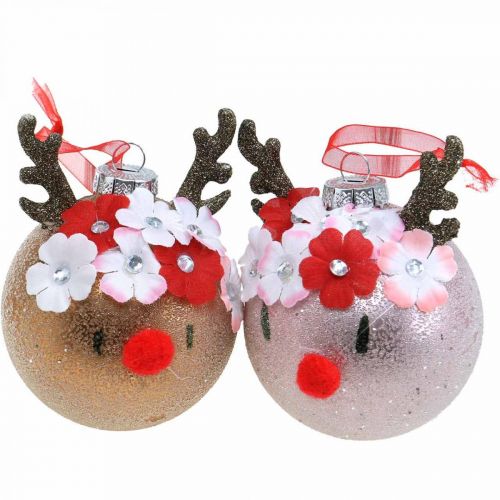 Christbaumkugel, Rentier mit Blütenkranz, Adventsdeko, Baumschmuck Braun, Rosa Echtglas Ø8cm 2St