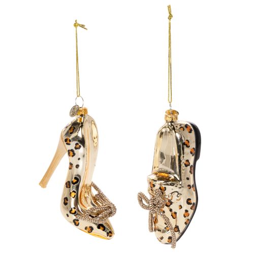 Glasschuh-Ornamente Leopardenmuster aus Glas 13cm 2er-Set