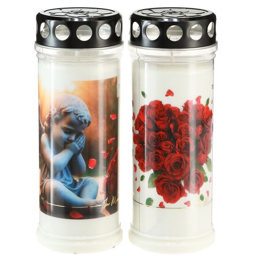 Floristik21 Grabkerze Rosen Grablicht Weiß 7 Tage Ø7,5cm H20cm 2St - Langanhaltende Trauerbekundung