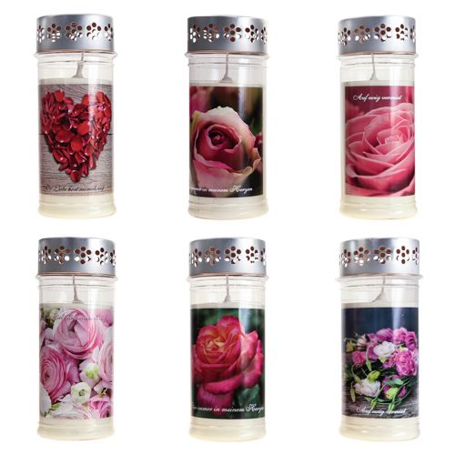 Floristik21 Grabkerzen mit Motiv Rosen Trauerlichter Gemischt Ø7cm H18,5cm 6St