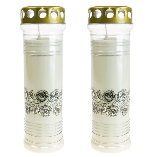 Floristik21 Grabkerzen Rosen Weiß Trauerlicht Ø7cm H23,5cm 100h 2St