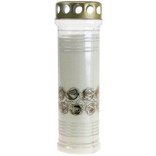 Floristik21 Grabkerze Weiß Rosen Gold Trauerlicht Ø7cm 23,5cm 100h 2St