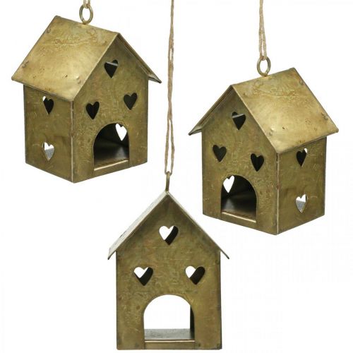 Weihnachtsanhänger Metall Haus Vintage Gold H9,5cm 3St