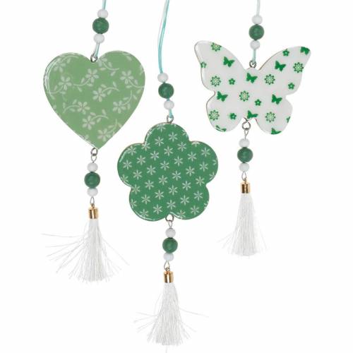Floristik21 Hängedeko Herz Blume Schmetterling Weiß, Grün Holz Frühlingsdeko 6 St