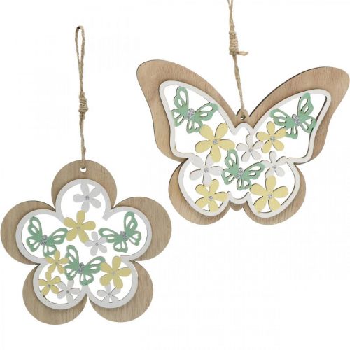 Schmetterling zum Hängen, Holzanhänger Blume, Frühlingsdeko mit Glitter H11/14,5cm 4St