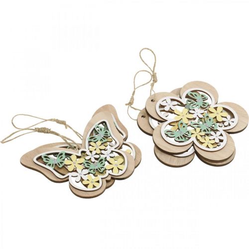 Artikel Schmetterling zum Hängen, Holzanhänger Blume, Frühlingsdeko mit Glitter H11/14,5cm 4St