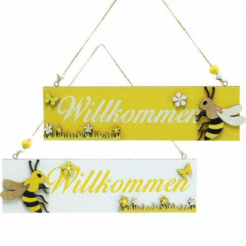 Floristik21 Willkommensschild mit Biene, Holzdeko, Bienendeko zum Hängen, Willkommen, Türschild 4St
