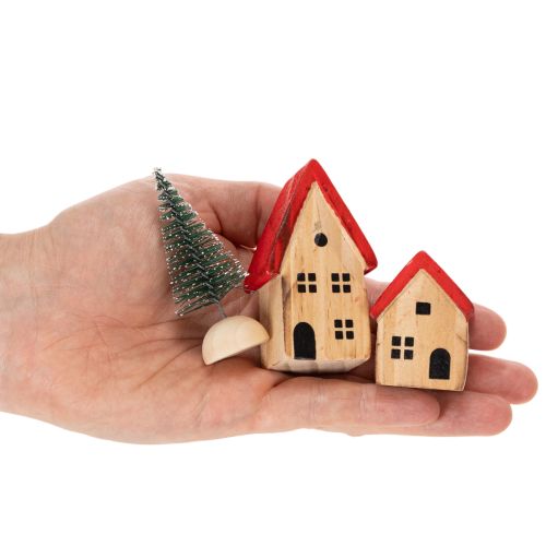 Holz-Dekohaus-Set mit roten Dächern und Tannenbäumen, 12 cm, 6-tlg | Floristik21.de