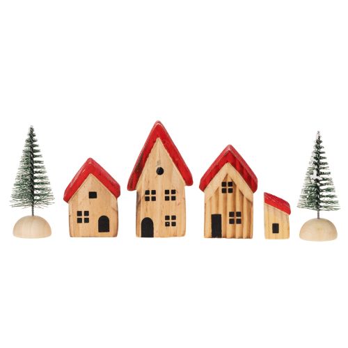 Holz-Dekohaus-Set mit roten Dächern und Tannenbäumen, 12 cm, 6-tlg | Floristik21.de