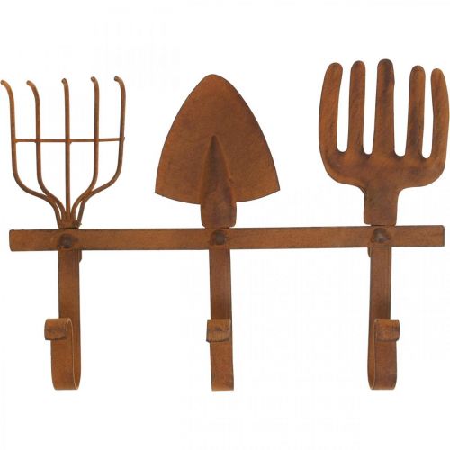 Floristik21 Hakenleiste Gartenwerkzeuge, Gartendeko, Harke Spaten Rechen, Garderobe aus Metall Edelrost L33,5cm