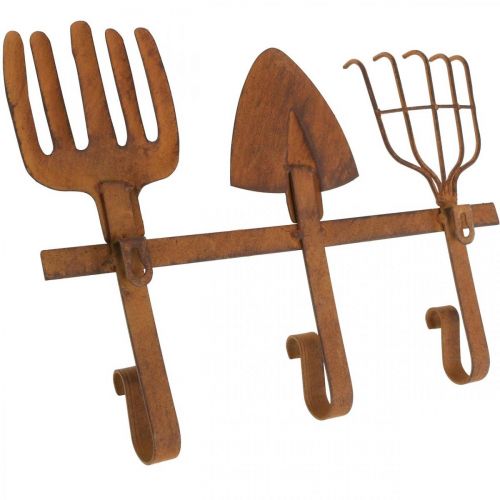 Artikel Hakenleiste Gartenwerkzeuge, Gartendeko, Harke Spaten Rechen, Garderobe aus Metall Edelrost L33,5cm
