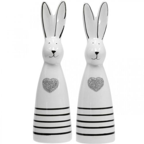 Floristik21 Hase Keramik Schwarz Weiß, Osterhase Deko Hasenpaar mit Herz H20,5cm 2St