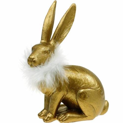 Floristik21.de Osterhase mit Federboa, Frühlingsdeko, Hase Golden,  Osterdeko-12233