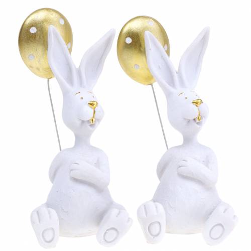 Floristik21 Hase mit Luftballon Sitzend Weiß, Gold H13,5cm 2St