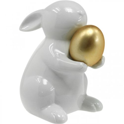 Floristik21 Hase mit Goldei Keramik, Osterdeko elegant Weiß, Golden H15cm