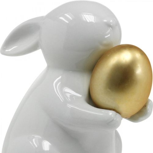 Floristik21 Hase mit Goldei Keramik, Osterdeko elegant Weiß, Golden H15cm