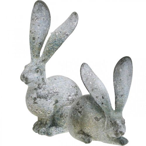 Floristik21 Deko-Hase, Gartenfigur in Beton-Optik, Shabby Chic, Osterdeko mit Silberakzenten H21/14cm 2er-Set