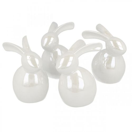 Floristik21 Dekohase, Osterdeko, Keramik Osterhase Weiß, Perlmuttfarben H9,5cm 4St