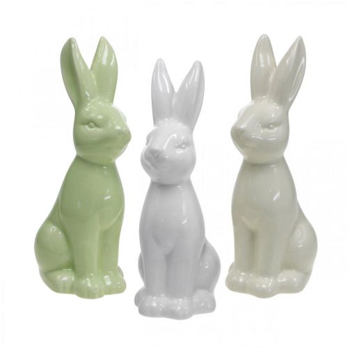 Floristik21 Hase Keramik Weiß, Creme, Grün Osterhase Deko Figur H13cm 3St