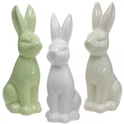 Porzellan Osterhasen sitzend Weiß, Creme, Grün H18cm 3St