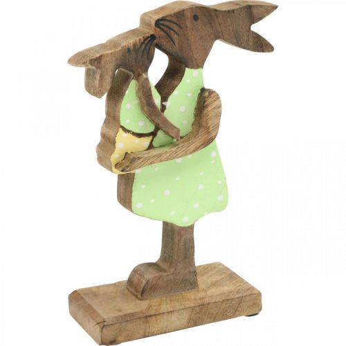 Floristik21 Hasenmutter mit Kind, Osterdeko, Frühling, Osterhasen aus Holz Natur, Grün, Gelb H22cm