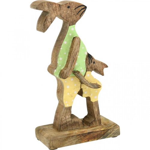 Artikel Osterhase mit Kind, Frühlingsdeko aus Holz, Hasenvater, Ostern Natur, Grün, Gelb H22cm