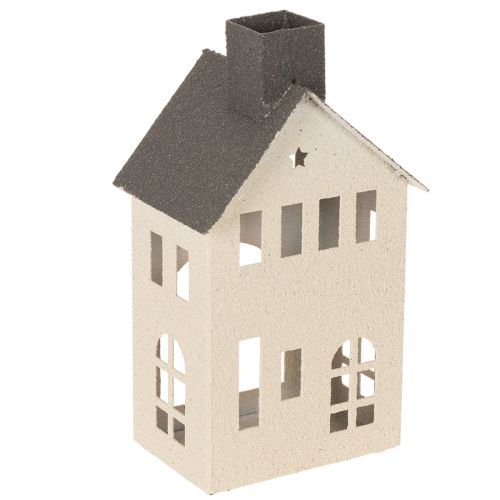 Dekohaus aus Metall 24cm mit Schornstein und Fenstern, Grau-Beige