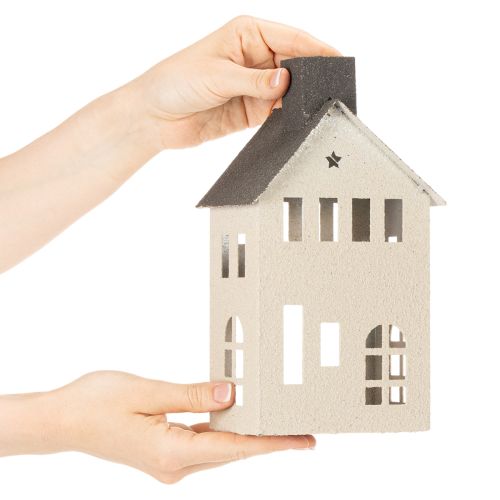 Dekohaus aus Metall 24cm mit Schornstein und Fenstern, Grau-Beige | Floristik21.de