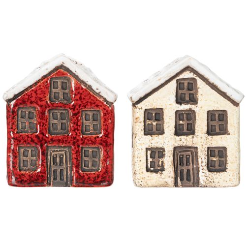 Kerzenständer aus Keramik in Hausform mit Schnee, 7 cm, 2 Stück, rot und beige | Floristik21.de