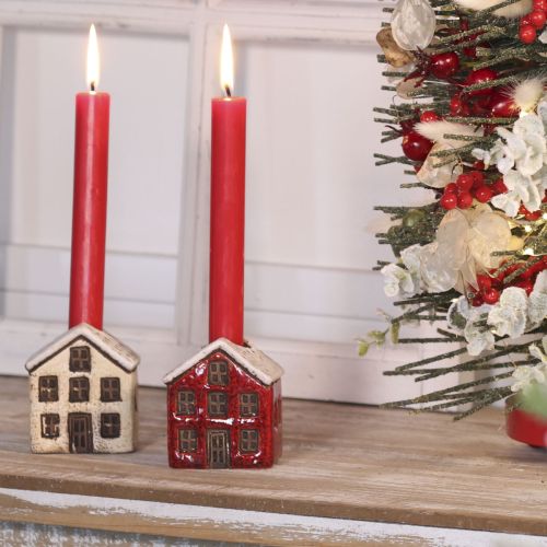 Kerzenständer aus Keramik in Hausform mit Schnee, 7 cm, 2 Stück, rot und beige | Floristik21.de