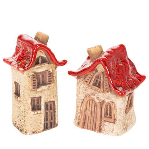 Keramikhaus Set, 2 Minihäuschen, Rot-Beige, 8cm, Innenbereich