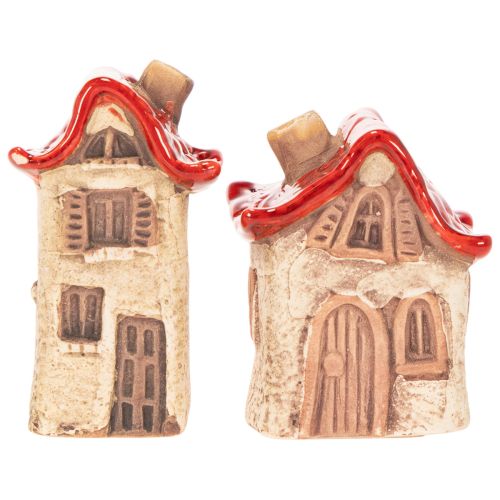 Keramikhaus Set, 2 Minihäuschen, Rot-Beige, 8cm, Innenbereich | Floristik21.de