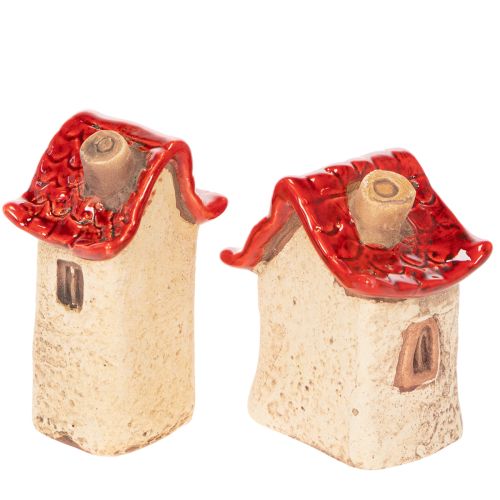 Keramikhaus Set, 2 Minihäuschen, Rot-Beige, 8cm, Innenbereich | Floristik21.de