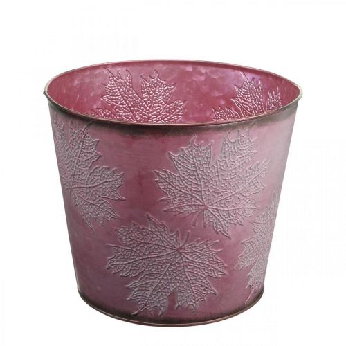 Floristik21 Herbsttopf, Pflanzeimer, Metalldeko mit Blättern Weinrot Ø25,5cm H22cm