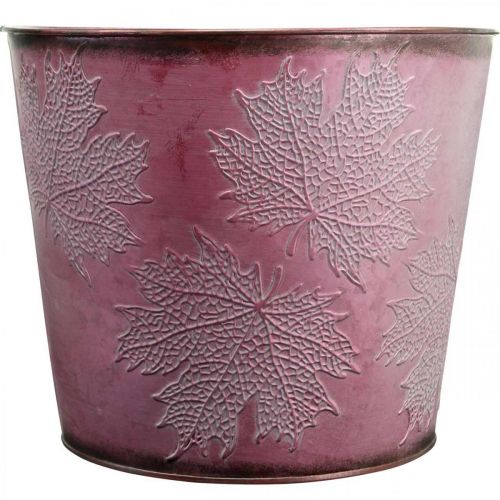 Artikel Herbsttopf, Pflanzeimer, Metalldeko mit Blättern Weinrot Ø25,5cm H22cm