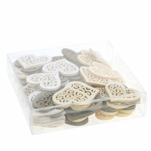 Floristik21 Tischdeko Herz Holz Weiß, Creme, Braun 4cm 72 St
