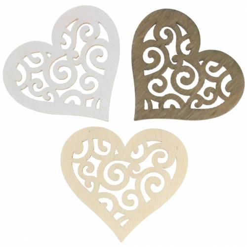 Floristik21 Tischdeko Herz Holz Weiß, Creme, Braun 4cm 72 St