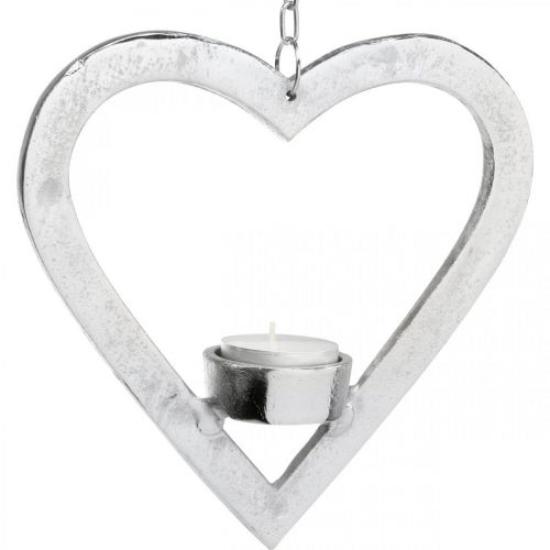 Artikel Teelichthalter im Herz, Kerzendeko zum Hängen, Hochzeit, Adventsdeko aus Metall Silbern H17,5cm