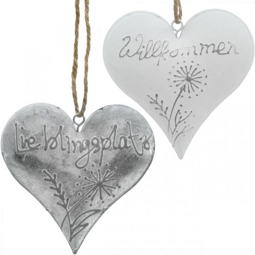 Metallherzen, Hänger mit Pusteblumen, Lieblingsplatz, Willkommen Weiß, Silbern H15cm 2er-Set