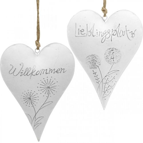 Herzen zum Hängen, Willkommen, Lieblingsplatz, Metalldeko mit Pusteblume Weiß, Silbern H20cm 2er-Set