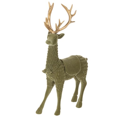 Dekofigur Hirsch mit grüner Beflockung und goldenem Geweih, 31 cm