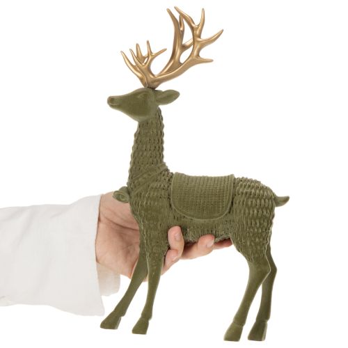 Dekofigur Hirsch mit grüner Beflockung und goldenem Geweih, 31 cm | Floristik21.de