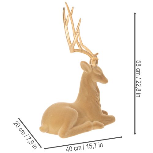 Beflockte Dekofigur Hirsch liegend mit goldfarbenem Geweih 58 cm hellbraun Kunststoff | Floristik21.de