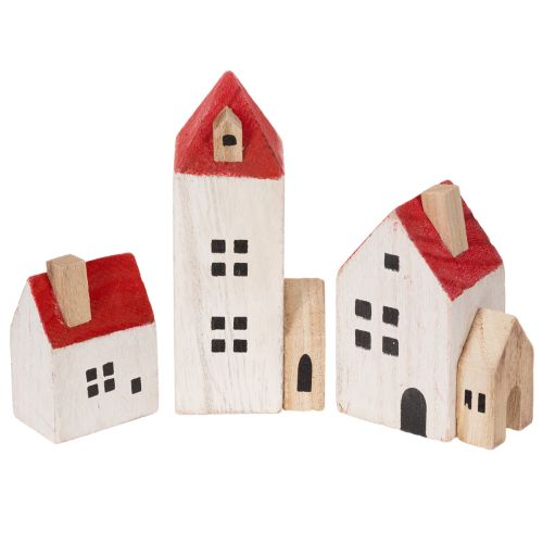 Deko Holzhaus Set 6-teilig Rot Weiß 13 cm Innenbereich Winterdekoration